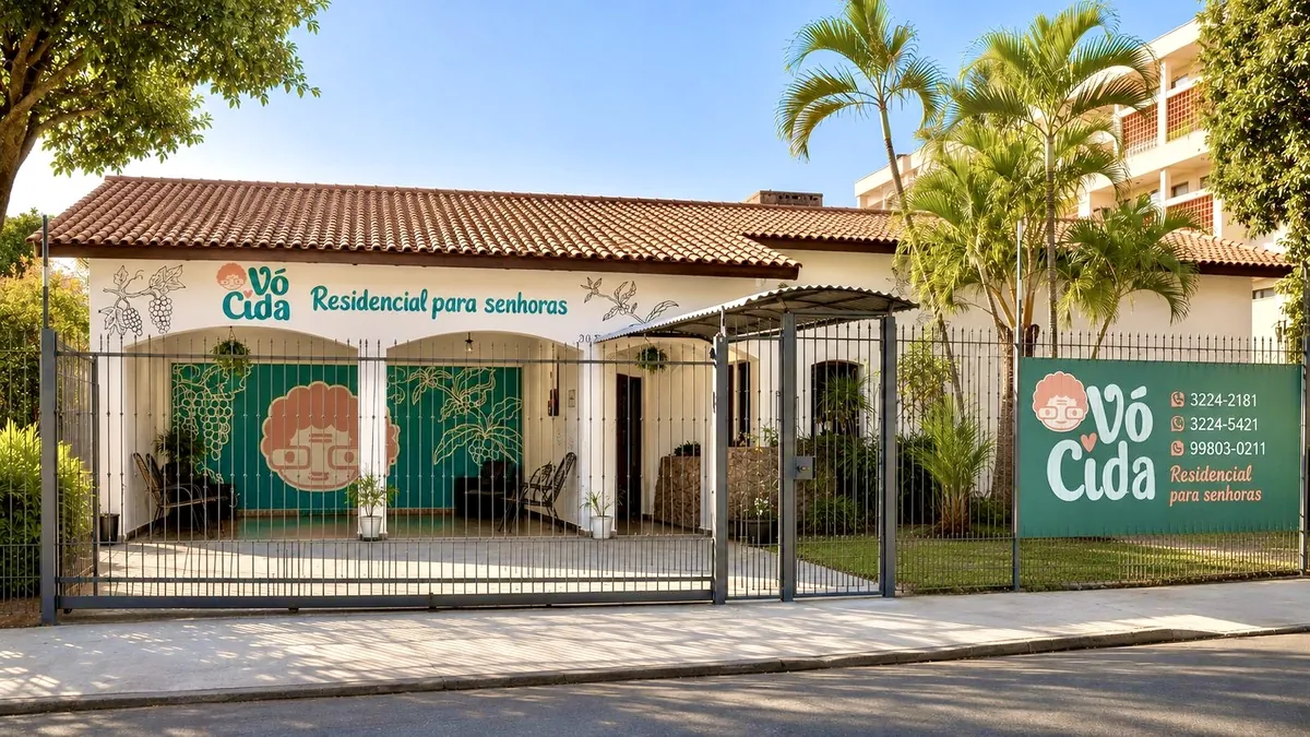 Fachada frontal do residencial com logo e gramado