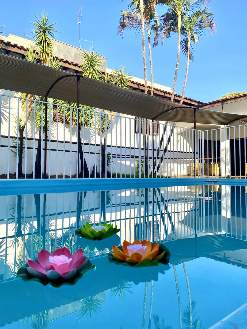 Piscina com flores flutuantes e palmeiras ao fundo